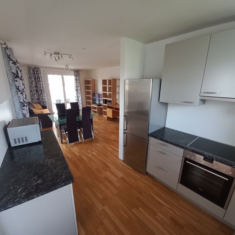 Küche, Esszimmer und Wohnzimmer in einem