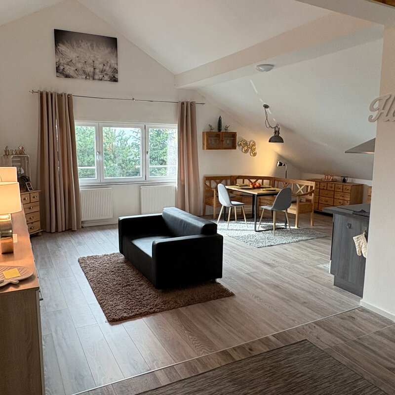 Helles Wohnzimmer mit Dachschräge, 3-Zimmer Wohnung, Kurzzeitmiete & Wohnen auf Zeit für 1 bis 6 Monate in Linz