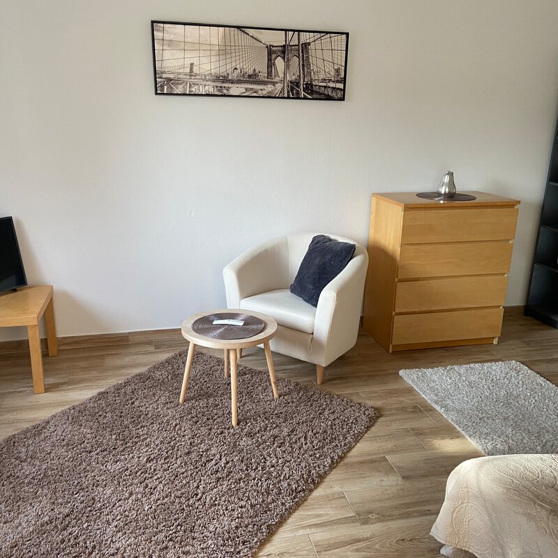 Bright living room with TV & armchair – 3-room apartment, short-term rental & temporary housing for 1 to 6 months in Linz
