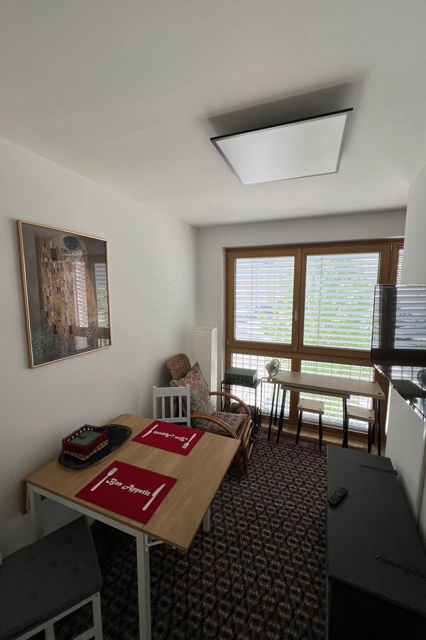 Zimmer mit Esstisch, Schreibtisch und Entspannungsecke