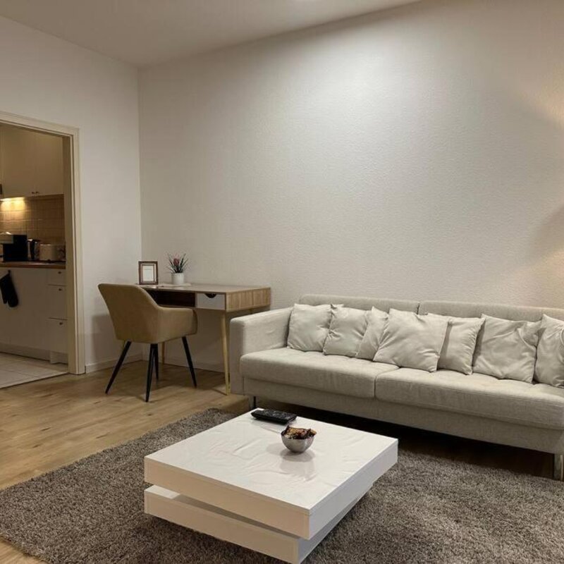 Bright living room with sofa & kitchen view – 1-room apartment, short-term rental, temporary housing for 1 to 6 months, Mainz