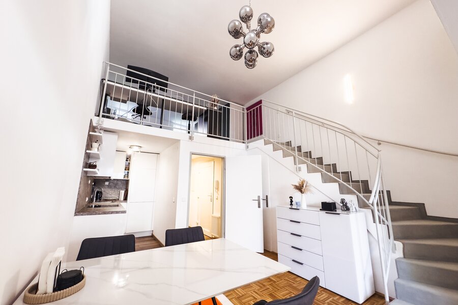 Living Room, Kitchen and Stairway