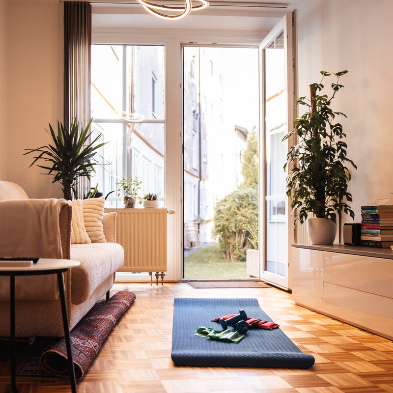 Living room with small gym equipment