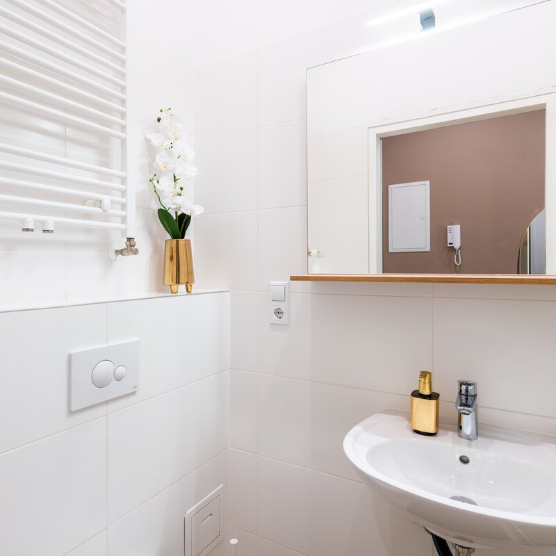 Modern ausgestattetes Badezimmer mit hochwertiger Dusche, stilvollem Design und viel Komfort – ideal für einen entspannten Aufenthalt in Wien.
