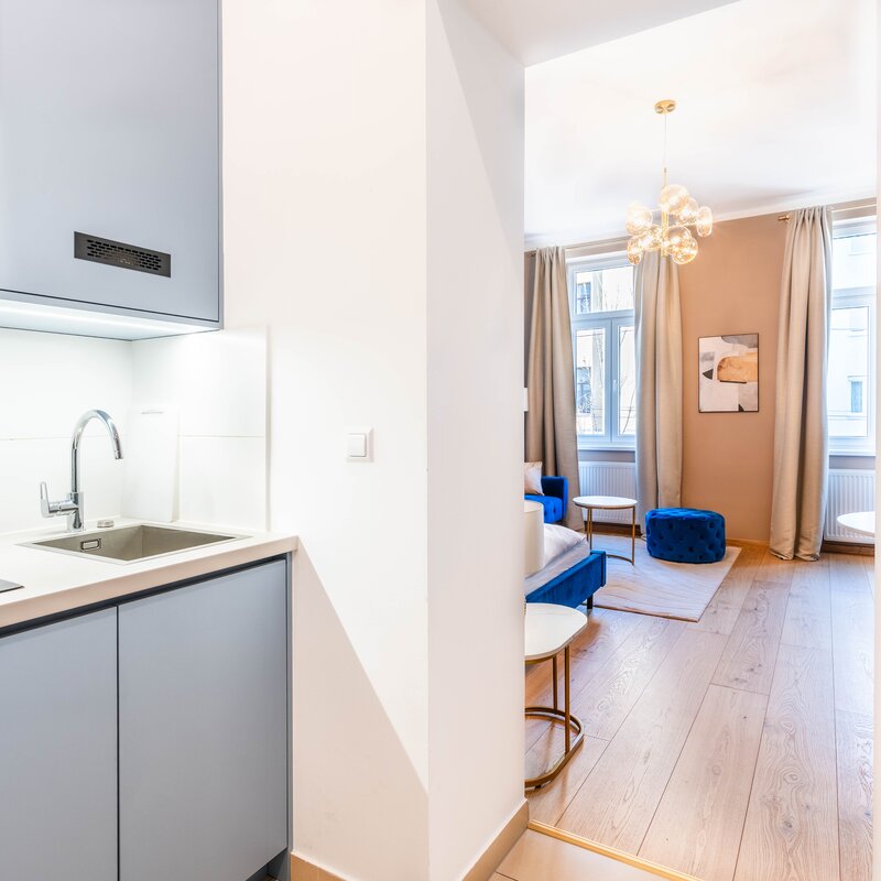 Moderne Küchenzeile mit direktem Zugang zum hellen Wohnbereich – ideal für entspanntes Wohnen und kurze Wege im Apartment.