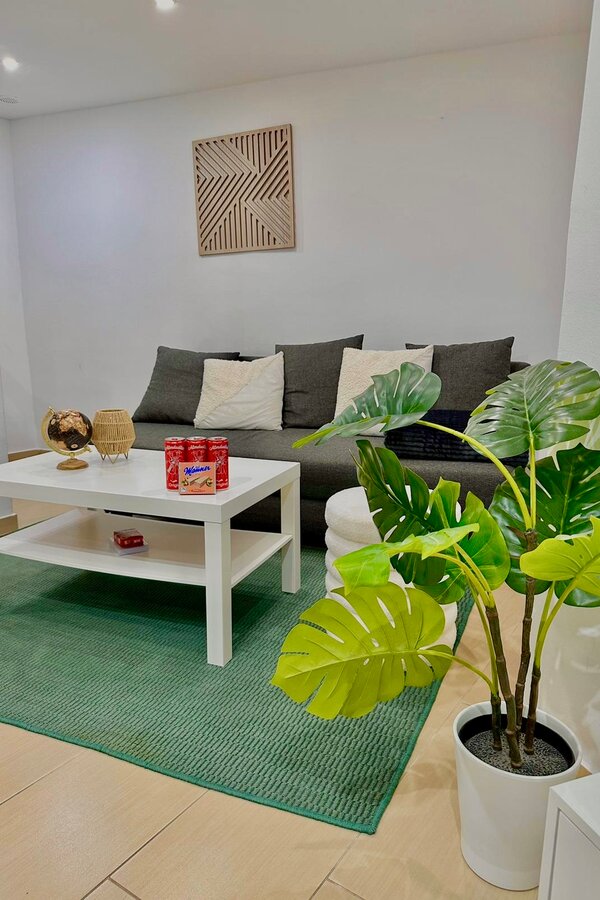 Helles Wohnzimmer mit Monstera & grünem Teppich – 2-Zimmer Wohnung zur Kurzzeitmiete, Wohnen auf Zeit 1 bis 6 Monate, Wien