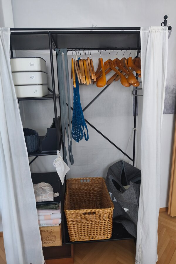 Wardrobe, clothes hangers, laundry basket, laundry bag    