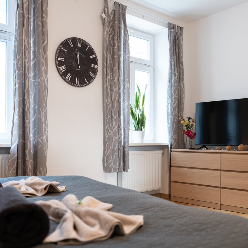 Bright bedroom with TV, dresser & plants – 3-room apartment for short-term rental & temporary housing 1 to 6 months in Eggenburg