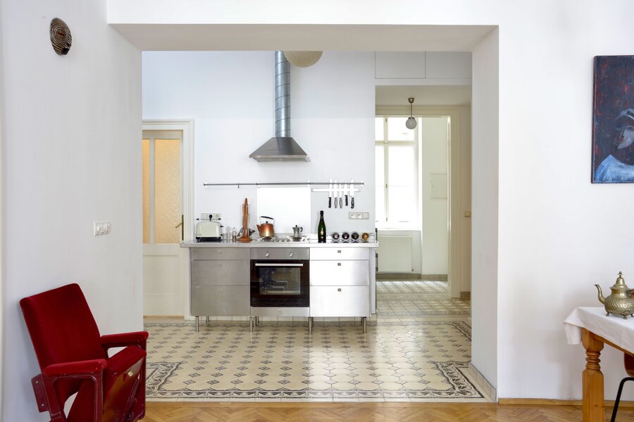 View onto kitchen from living/dining room 