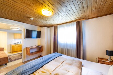 Bright bedroom with wood ceiling & TV in 2-room apartment – short-term rental & temporary housing for 1 to 6 months in Übelbach