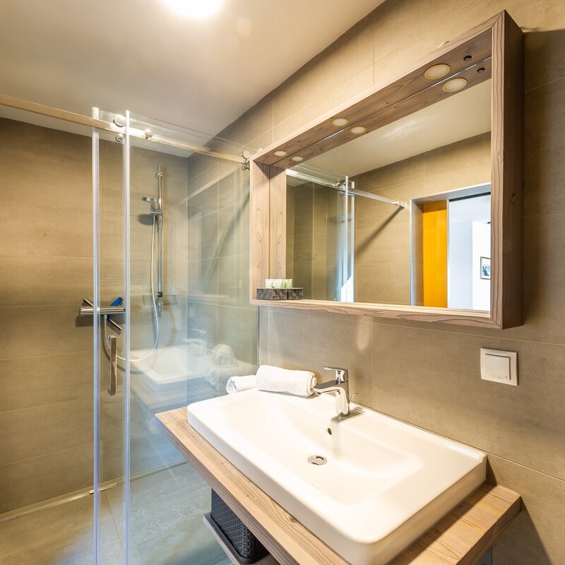 Bright bathroom with glass shower in 2-room apartment – short-term rental & temporary housing for 1 to 6 months in Übelbach