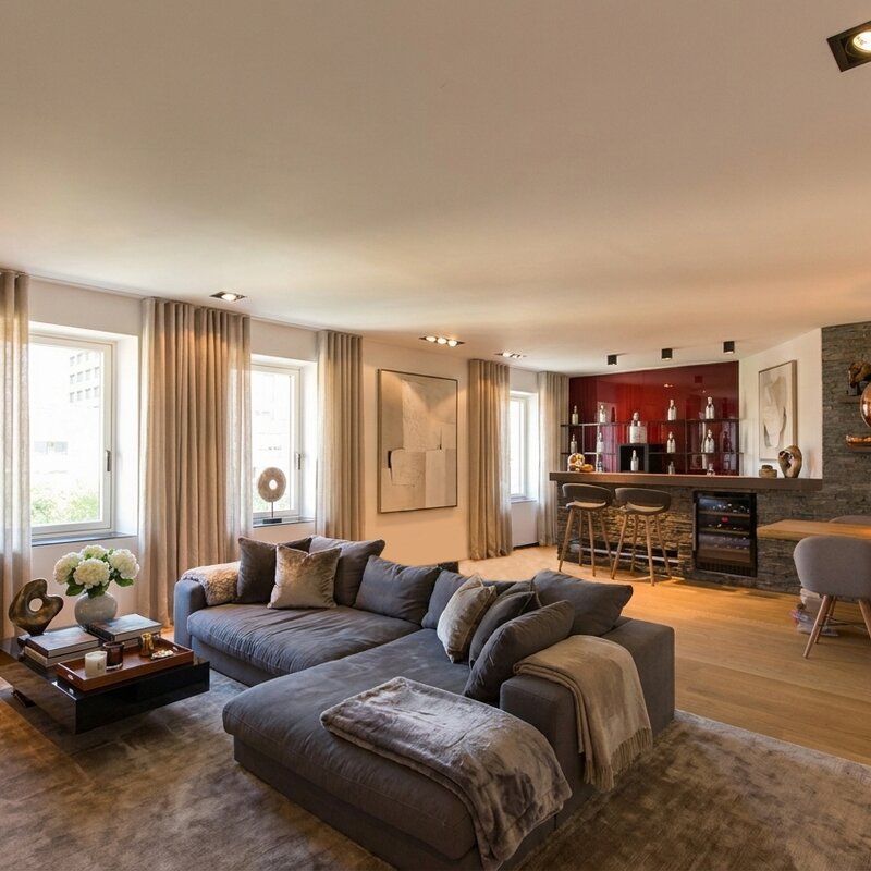 Elegant living area with home bar & lounge sofa – 3-room apartment for short-term rental & temporary housing for 1 to 6 months in Innsbruck