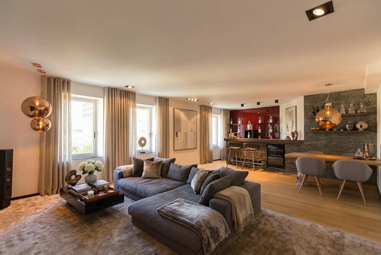 Elegant living area with home bar & lounge sofa – 3-room apartment for short-term rental & temporary housing for 1 to 6 months in Innsbruck