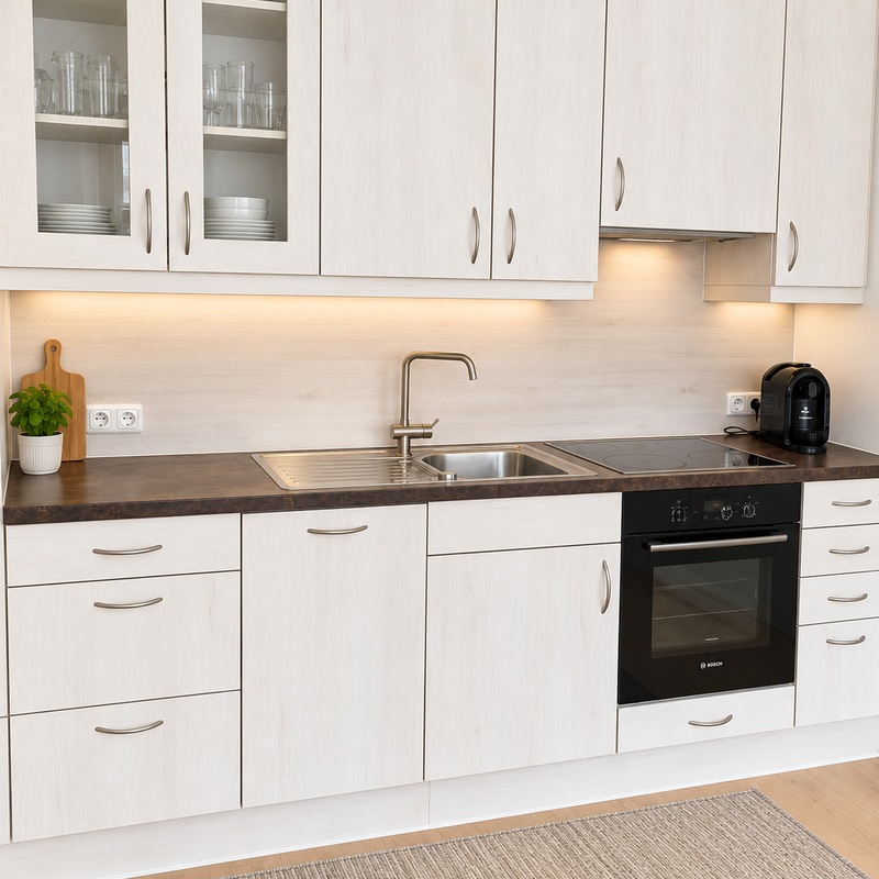 Die helle Küchenzeile bietet alles, was man für den Alltag braucht: Kochfeld, Backofen, Spüle, Kaffeemaschine und viel Stauraum. Die freundliche Gestaltung sorgt für eine saubere, moderne und einladende Atmosphäre.