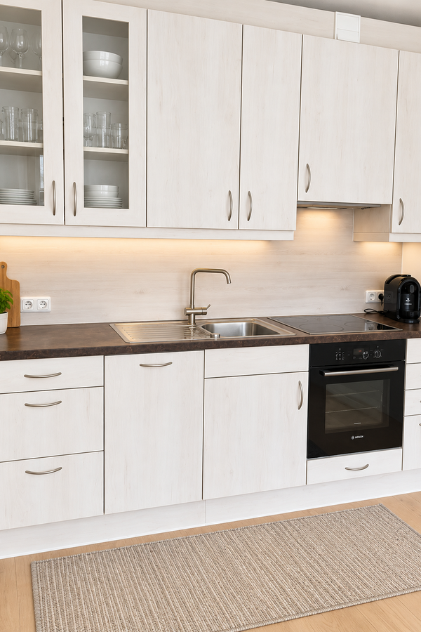 Die helle Küchenzeile bietet alles, was man für den Alltag braucht: Kochfeld, Backofen, Spüle, Kaffeemaschine und viel Stauraum. Die freundliche Gestaltung sorgt für eine saubere, moderne und einladende Atmosphäre.