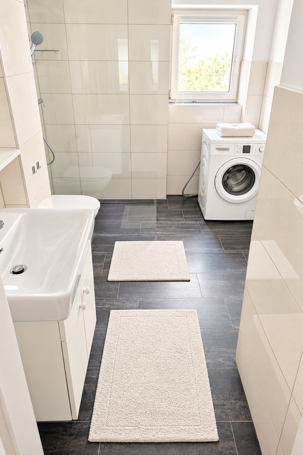 Das gepflegte Badezimmer ist hell und freundlich gestaltet und verfügt über Dusche, Waschbecken, WC und Waschmaschine.
