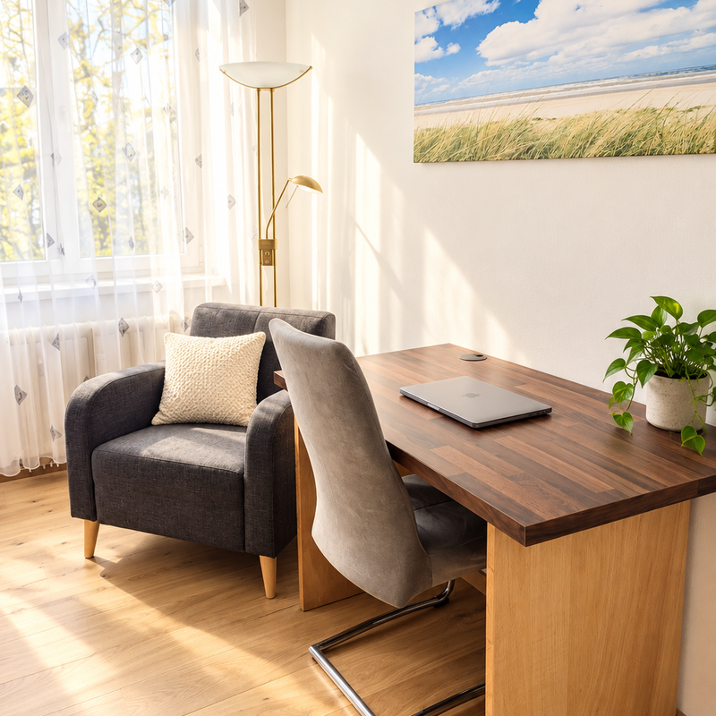 Der freundliche Arbeitsplatz bietet einen praktischen Tisch, einen bequemen Stuhl und viel Tageslicht.
