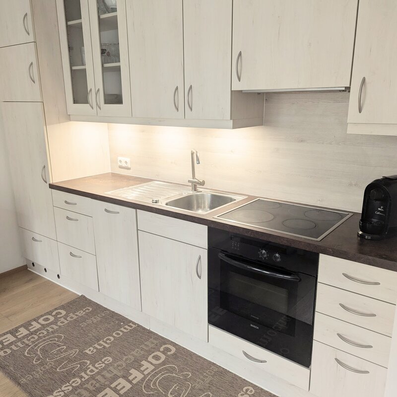 Küchenzeile mit Herd und Backofen, Kühlschrank mit Gefrierfach, Kaffeemaschine mit Tabs