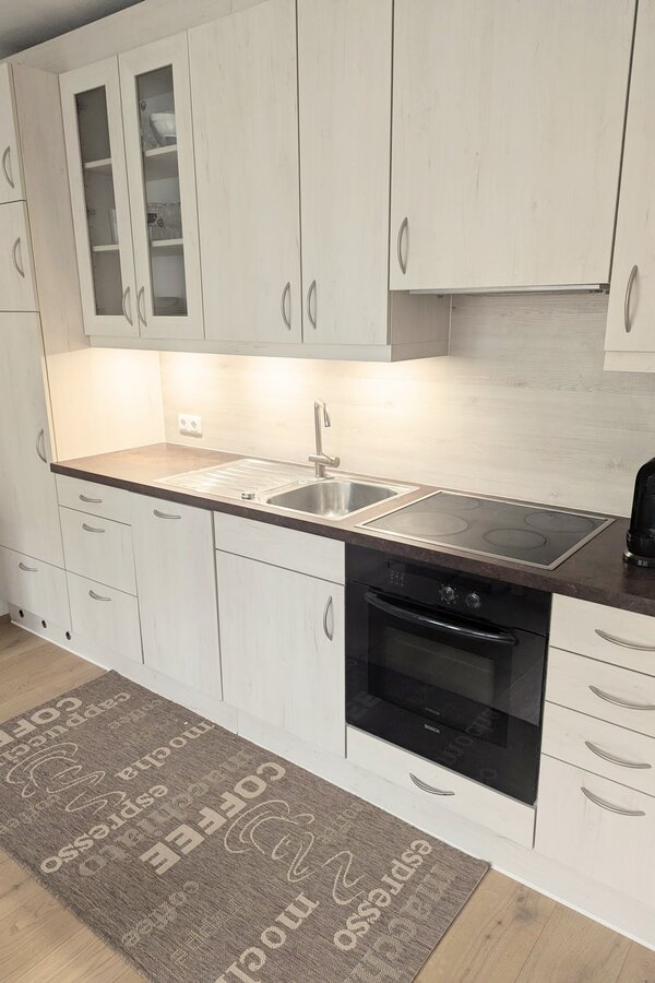 Küchenzeile mit Herd und Backofen, Kühlschrank mit Gefrierfach, Kaffeemaschine mit Tabs