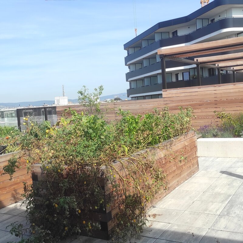 Großzügige, gemeinschaftliche Dachterrasse mit Weitblick über die Stadt und angenehmen Aufenthaltsbereichen. | © Greta Stoyanova