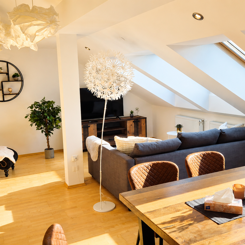 This light-filled living room features high-quality furnishings, warm wooden floors, and an open-plan layout. The elegant blend of modern furniture, refined details, and a cozy atmosphere creates a premium living experience – perfect for relaxing and unwinding. | © Privat