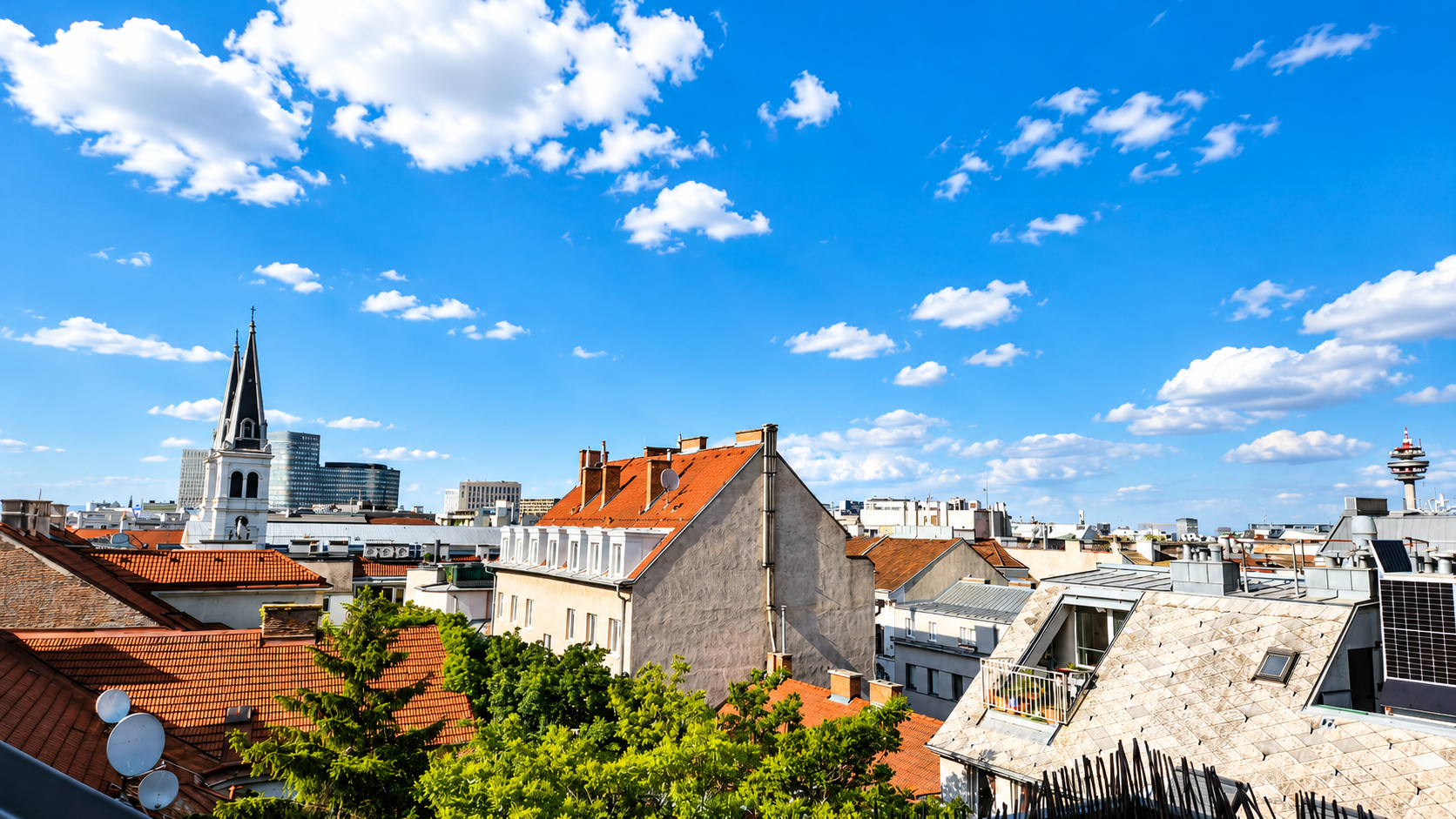 Romantic view over the rooftops of old Viennese buildings from the terrace