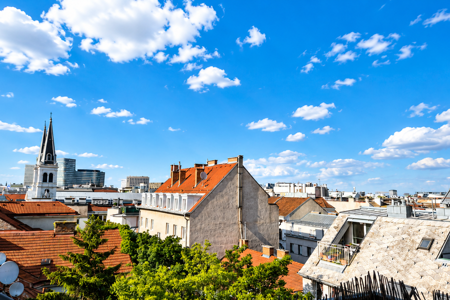 Romantic view over the rooftops of old Viennese buildings from the terrace