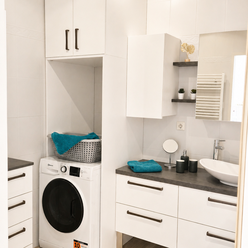 Modern bathroom with washing machine and dryer. | © Privat