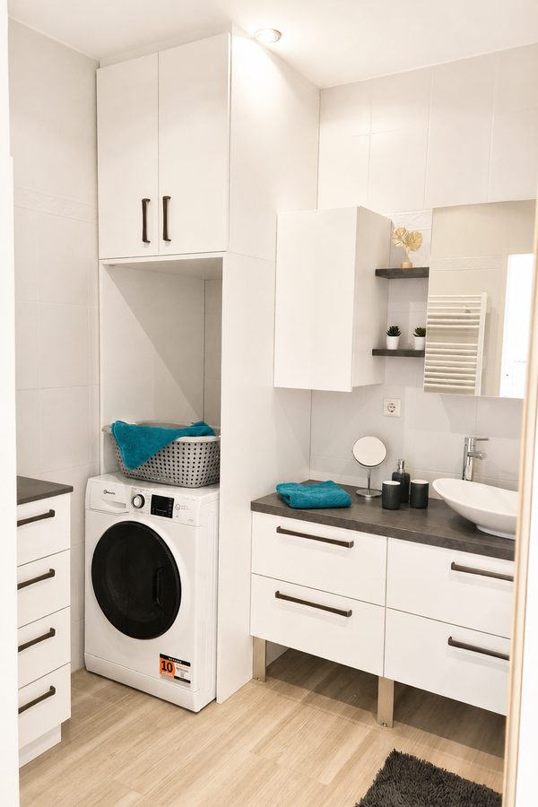 Modern bathroom with washing machine and dryer. | © Privat