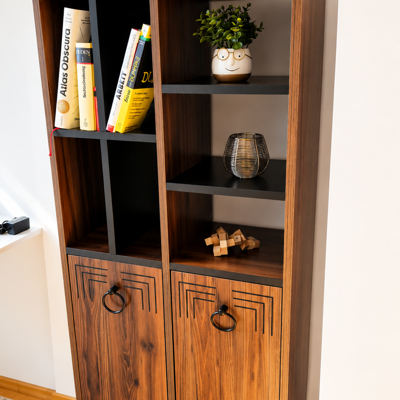 Decorative designer shelf with warm wood elements | © privat