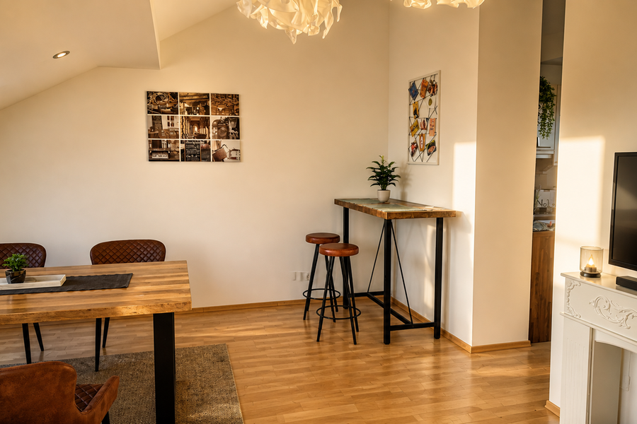 Open-plan living and dining area with modern loft charm | © Privat