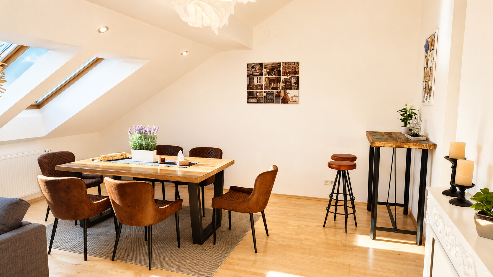 Modern dining area with a high bar counter