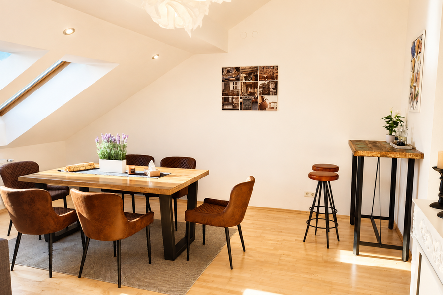 Modern dining area with a high bar counter