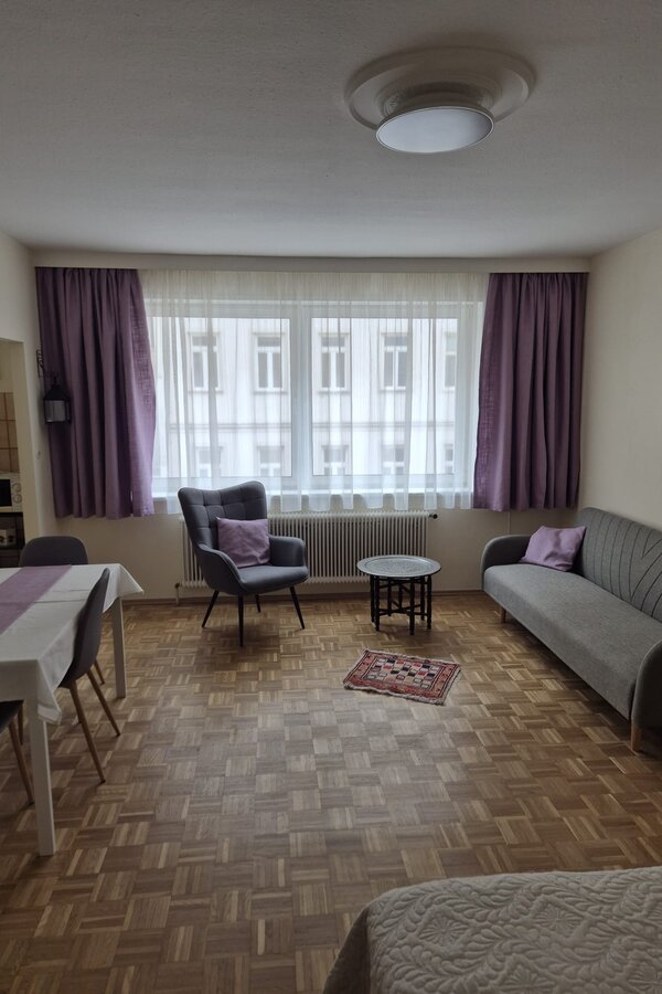 Bright living area with sofa & dining table – 1-room apartment, short-term rental Vienna, temporary housing for 1 to 6 months