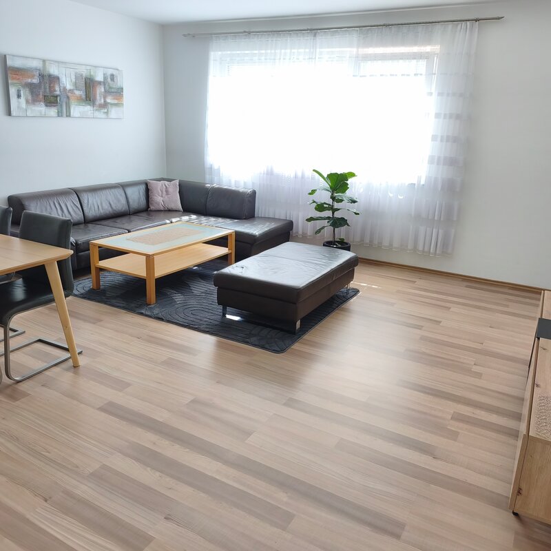 Bright living room with leather sofa & dining area – 4-room apartment, short-term rental & temporary housing for 1 to 6 months in Linz