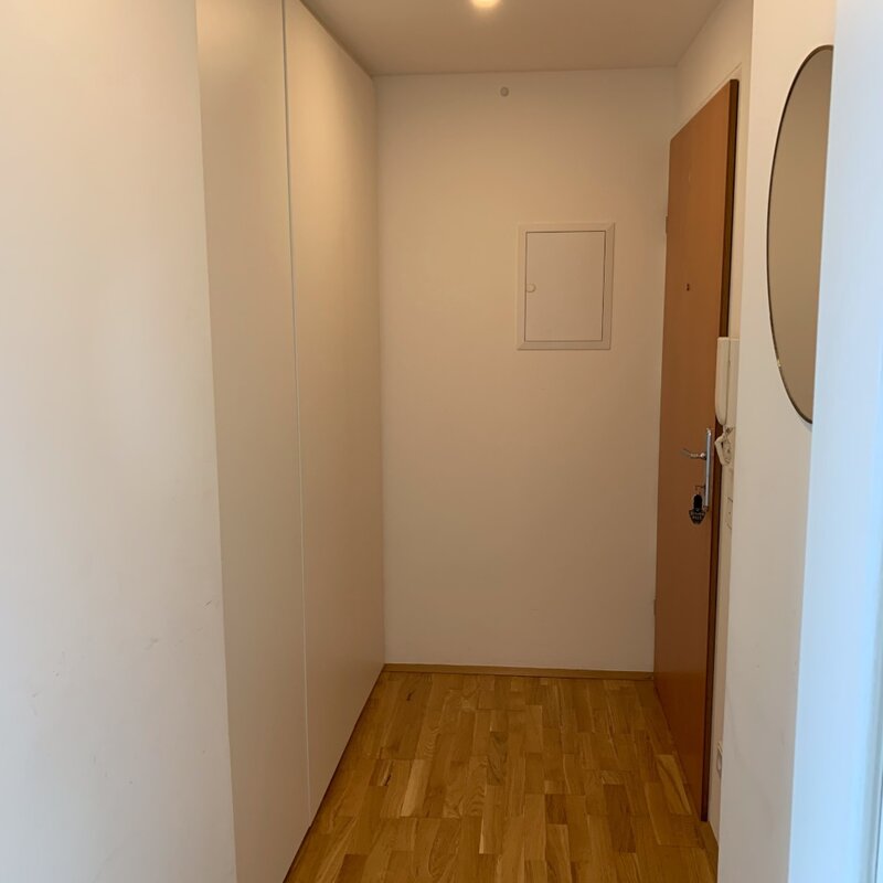 The entrance area offers large built-in cabinets, providing plenty of convenient storage space for personal belongings and everyday items.