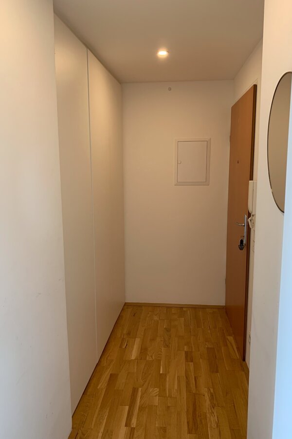 The entrance area offers large built-in cabinets, providing plenty of convenient storage space for personal belongings and everyday items.