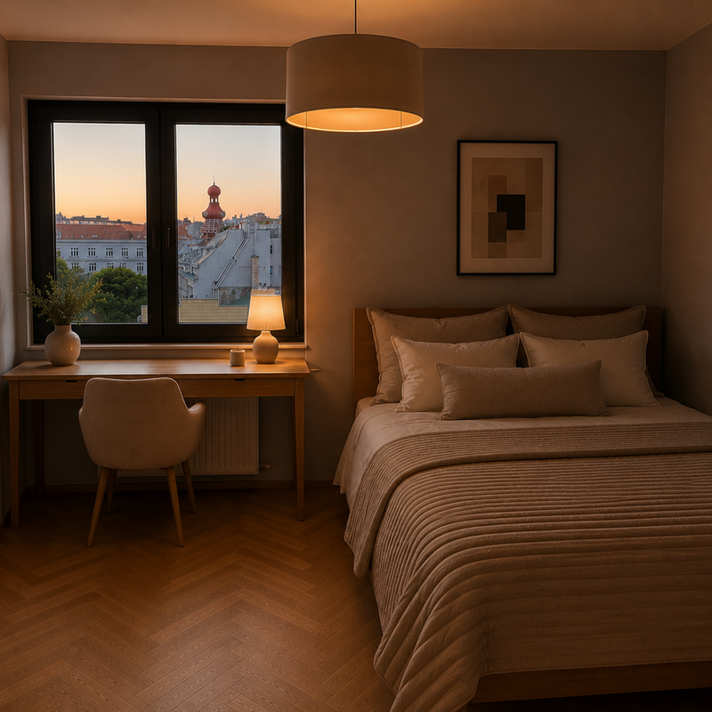 Das kleinere Schlafzimmer ist mit einem 140 cm breiten Bett ausgestattet und für zwei Personen geeignet. Es verfügt über einen größeren Schreibtisch sowie einen großzügigen Kleiderschrank und eignet sich damit ebenfalls sehr gut für längere Aufenthalte oder Homeoffice. Beide Schlafzimmer bieten einen schönen Weitblick Richtung Kahlenberg.