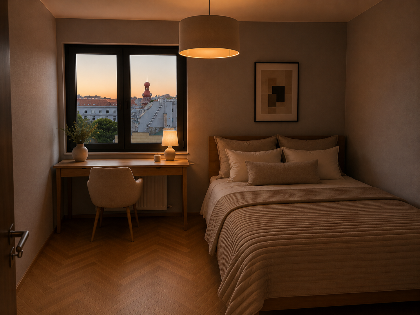 Das kleinere Schlafzimmer ist mit einem 140 cm breiten Bett ausgestattet und für zwei Personen geeignet. Es verfügt über einen größeren Schreibtisch sowie einen großzügigen Kleiderschrank und eignet sich damit ebenfalls sehr gut für längere Aufenthalte oder Homeoffice. Beide Schlafzimmer bieten einen schönen Weitblick Richtung Kahlenberg.