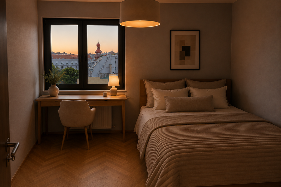 Das kleinere Schlafzimmer ist mit einem 140 cm breiten Bett ausgestattet und für zwei Personen geeignet. Es verfügt über einen größeren Schreibtisch sowie einen großzügigen Kleiderschrank und eignet sich damit ebenfalls sehr gut für längere Aufenthalte oder Homeoffice. Beide Schlafzimmer bieten einen schönen Weitblick Richtung Kahlenberg.
