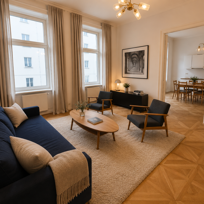Helles Wohnzimmer mit Parkett & Designmöbeln – 4-Zimmer Wohnung, Kurzzeitmiete Wien, Wohnen auf Zeit 1 bis 6 Monate