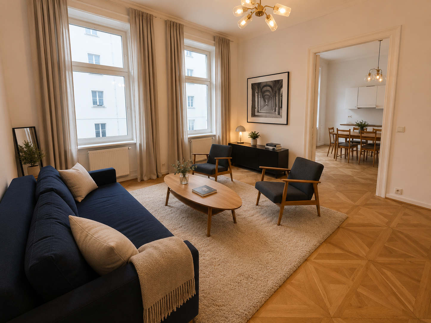 Helles Wohnzimmer mit Parkett & Designmöbeln – 4-Zimmer Wohnung, Kurzzeitmiete Wien, Wohnen auf Zeit 1 bis 6 Monate