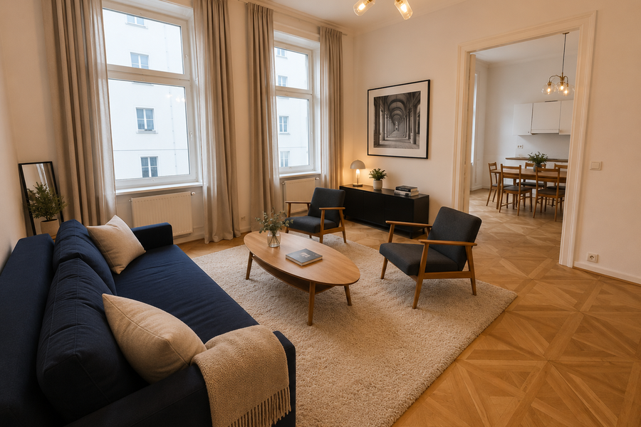 Helles Wohnzimmer mit Parkett & Designmöbeln – 4-Zimmer Wohnung, Kurzzeitmiete Wien, Wohnen auf Zeit 1 bis 6 Monate