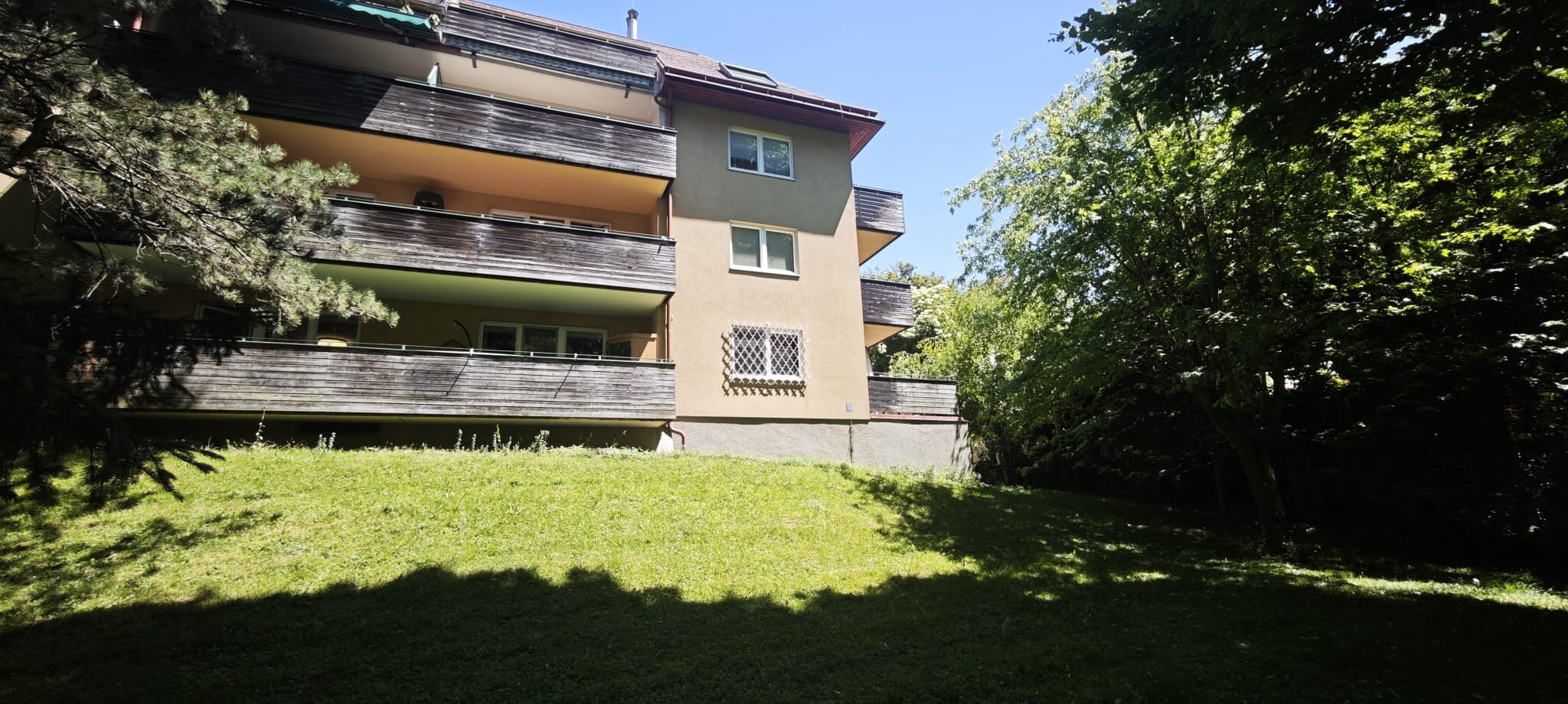 View from the garden toward the house; the apartment is located at the bottom right