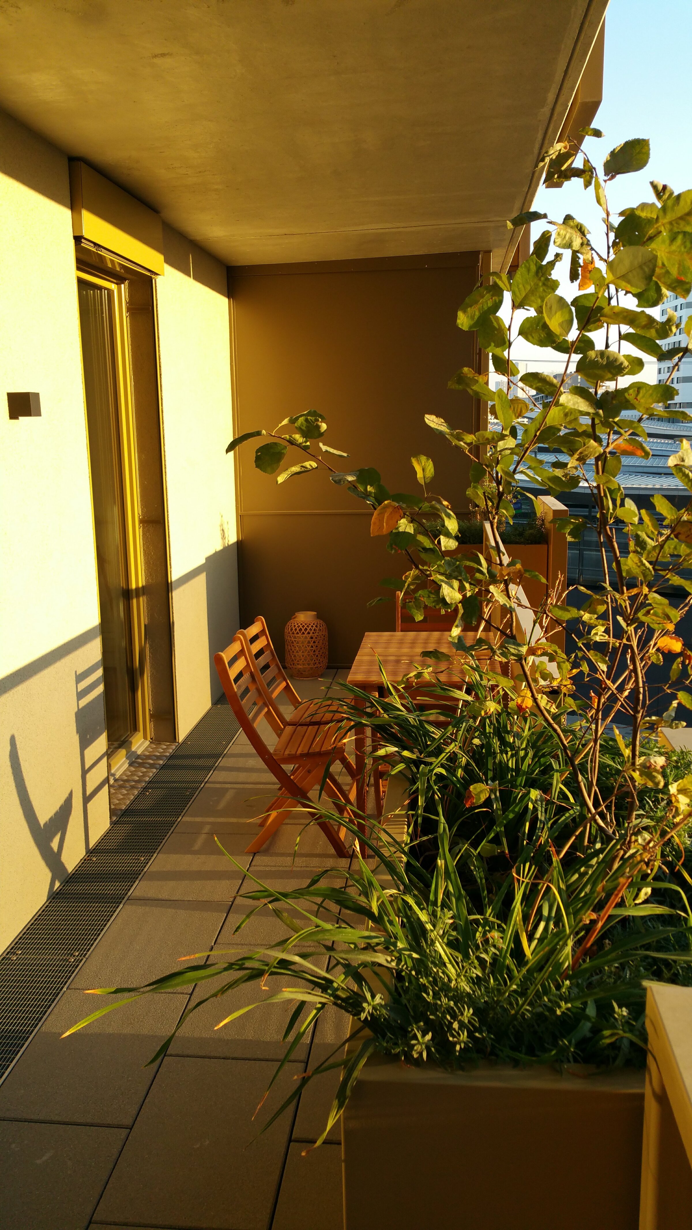 Sunny balcony with wooden furniture & plants – 2-room apartment, short-term rental, temporary housing for 1 to 6 months, Vienna