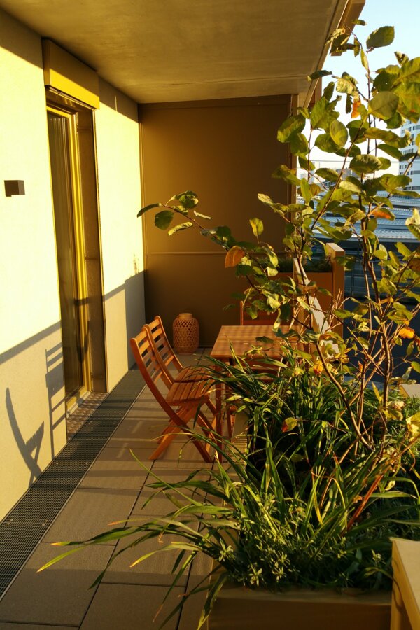 Sunny balcony with wooden furniture & plants – 2-room apartment, short-term rental, temporary housing for 1 to 6 months, Vienna