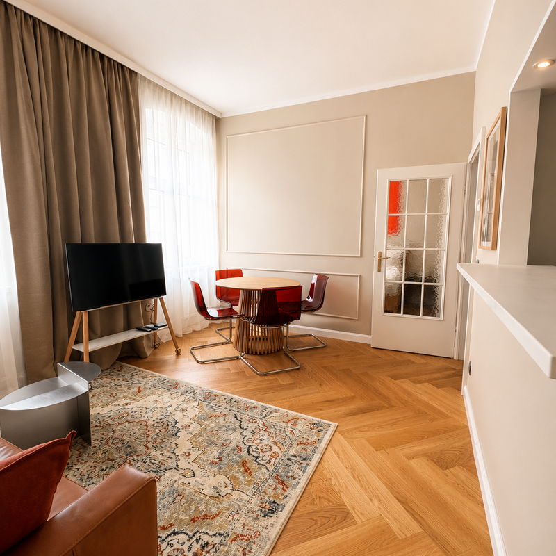 Helles Wohnzimmer mit Parkettboden & Esstisch – 2-Zimmer Apartment zur Kurzzeitmiete, Wohnen auf Zeit 1 bis 6 Monate, Linz