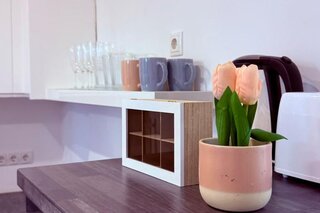 Bright kitchen with tulips & storage – 3-room apartment, short-term rental & temporary housing for 1 to 6 months in Vienna