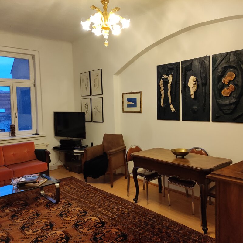 Living room with original art & period charm – 2-room apartment, short-term rental & temporary housing, 1 to 6 months, Graz