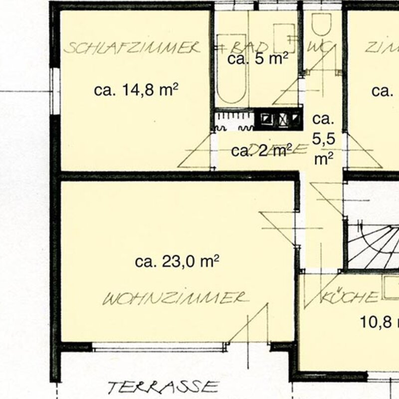 Raumaufteilung – 3 Zimmer – Küche – Bad – Terrasse | © Manfred G. Prossinger